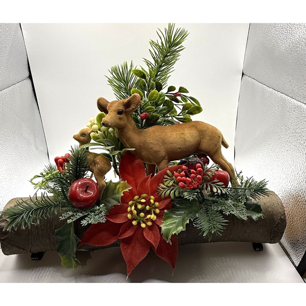 VTG Plastic Blow Mold Christmas Table Centerpieces Reindeer/Greens On Log Deer